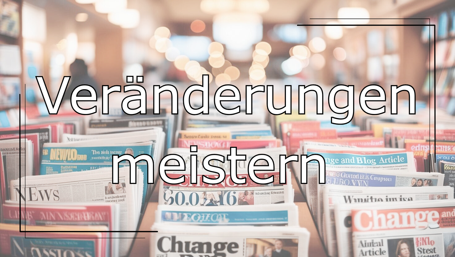 Mehrere Zeitungen und Magazine in einem Verkaufsständer mit Titeln wie „Change“ und „News“. Schwarzer Schriftzug mit weißer Umrandung. Der Schriftzug lautet: „Read More“ und hat eine Verlinkung zur entsprechenden Blogartikel-Kategorie.