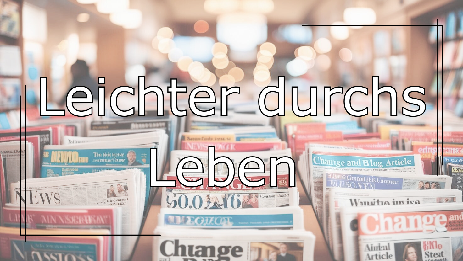 Mehrere Zeitungen und Magazine in einem Verkaufsständer mit Titeln wie „Change“ und „News“. Schwarzer Schriftzug mit weißer Umrandung. Der Schriftzug lautet: „Read More“ und hat eine Verlinkung zur entsprechenden Blogartikel-Kategorie.