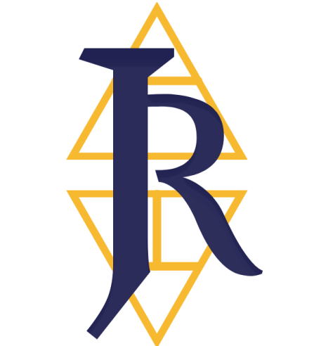 Monogramm zu meinem Namen Jeanne Renault. Die Buchstaben J und R sind übereinandergelegt und in dunkelblau. Die Buchstaben liegen über den beiden gelben Glyphen „Explore“ und „Create“. Wobei die Glyphe „Create“ auf dem Kopf steht.