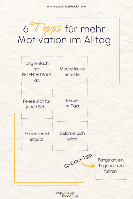 Sechs Tipps für mehr Motivation im Alltag: Fang einfach mit irgendetwas an, mache kleine Schritte, feiere dich für jeden Schritt, bleibe im Takt, faulenzen ist erlaubt, belohne dich selbst. Extra-Tipp: Fange an, ein Tagebuch zu führen.