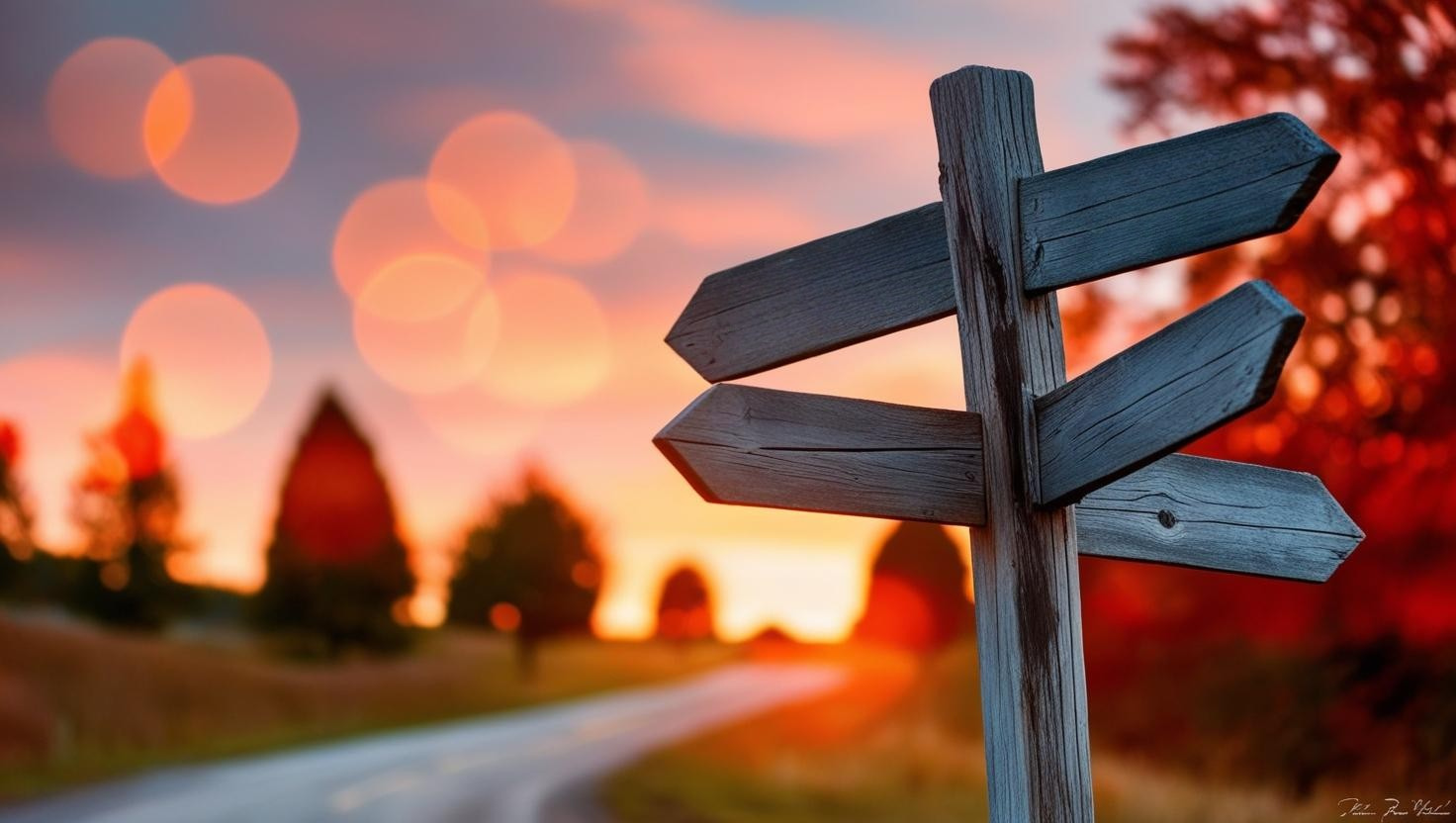 Holzwegweiser mit vier Pfeilen vor einem unscharfen Sonnenuntergang und einer Landstraße. Das Bild steht symbolisch für Zweifel als Wegweiser
