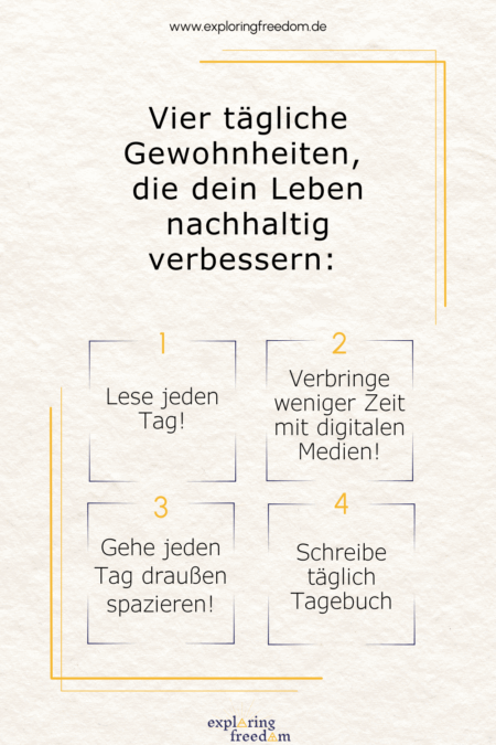 Vier tägliche Gewohnheiten die dein Leben nachhaltig verbessern und für mehr Lebensqualität im Alltag sorgen: 1 Lese jeden Tag, 2 Verbringe weniger Zeit mit digitalen Medien, 3 Gehe jeden Tag draußen spazieren, 4 Schreibe täglich Tagebuch.